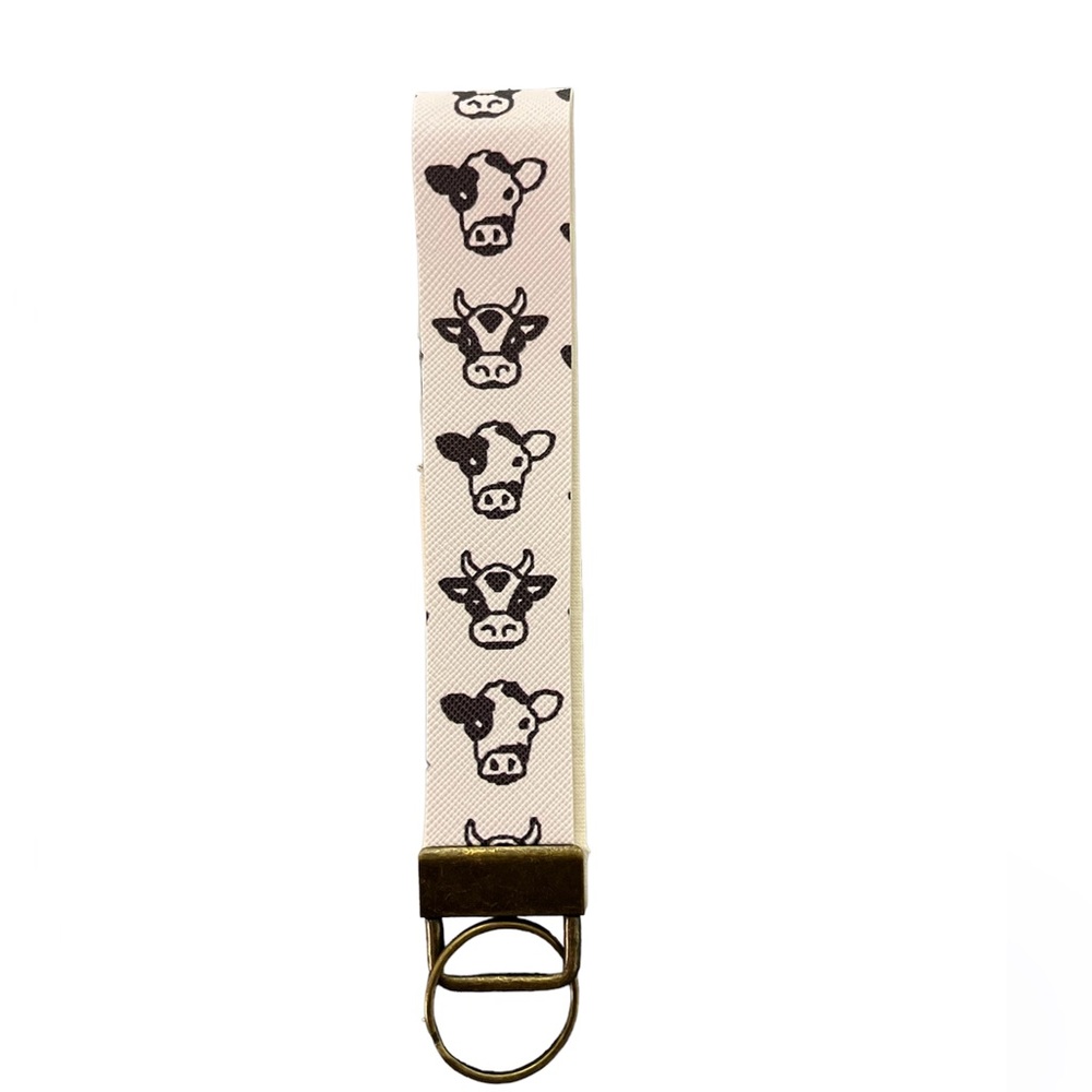 Cow print faux leather keychain, key fob, keychain lanyard, wristlet.